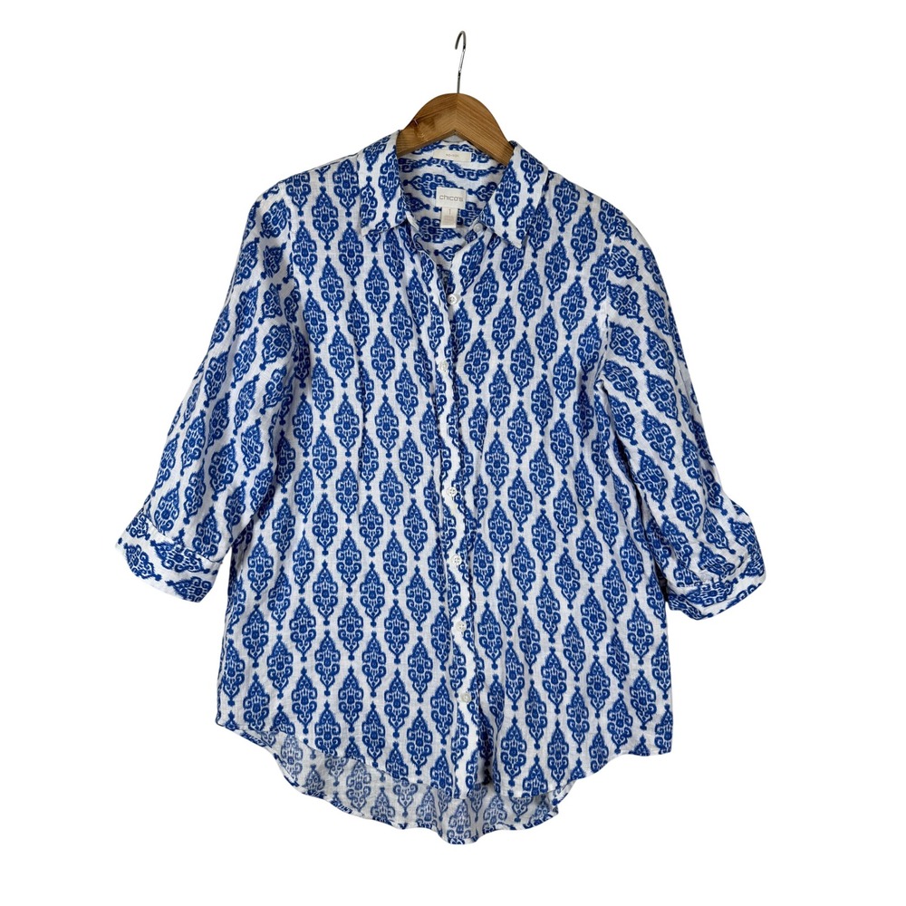 Chico's Linen Button Down Shirt Size 1 (Small) Blue White Ikat Print Tunic
